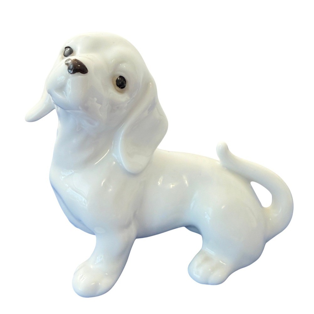 Vintage White Porcelain Dachshund Figurine Japan Wiener Dog Statuette 4 Inch